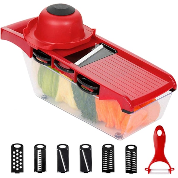 6-i-1 Mandolin Slicer, Multifunktionell Frukt- och Grönsaksskärare, Utbytbara Rostfria Stålblads med Matbehållare, Potatisskalare