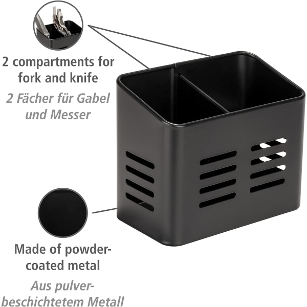 Bestickkorg, svart utekökskorg, av svart pulverlackerad metall, för servis, 16 x 13,5 x 9 cm