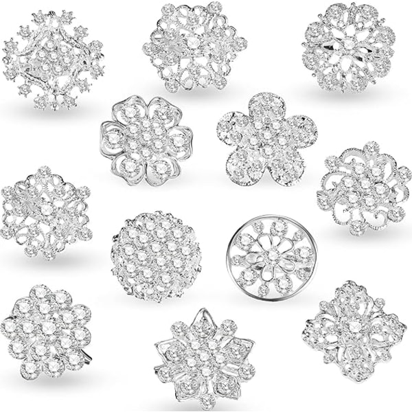 12 stk Krystallknapper Brosjer, Rhinestone Knapper Sjal Spenne Blomstrete Brosjer Pin Rhinestone Kit Dekorasjon Silver