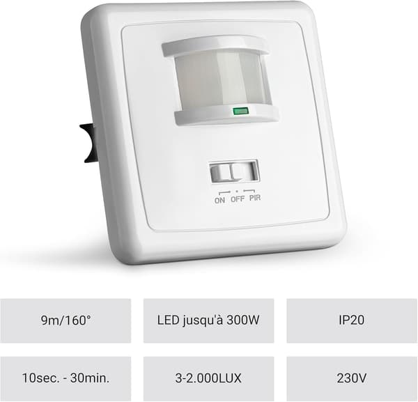 Inomhus Rörelsedetektor, Infälld Väggmontering, Lämplig för LED, Infraröd Sensor, Programmerbar, 9m/160° Räckvidd