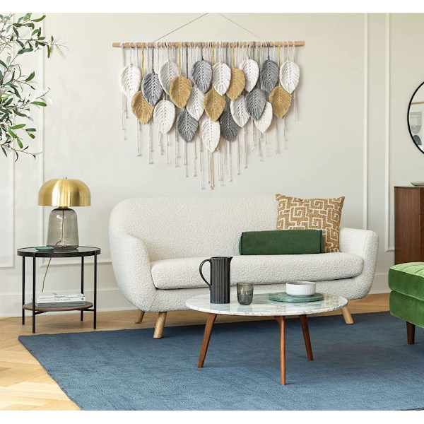 Makrame-seinävaate, suuri seinävaate, kudottu seinävaate, boho-makrame-lehtiseinäkoriste, höyhenet, tyylikäs kudottu taide White-khaki-gray