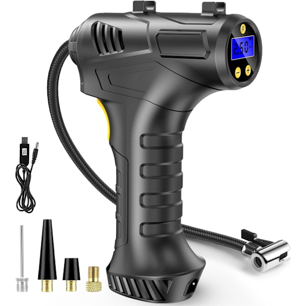 12V USB Oppladbart Batteri 150PSI Bærbar Bil Dekkpumpe, Elektrisk Digital Dekkpumpe med LED-lys og 3 Dyseadaptere