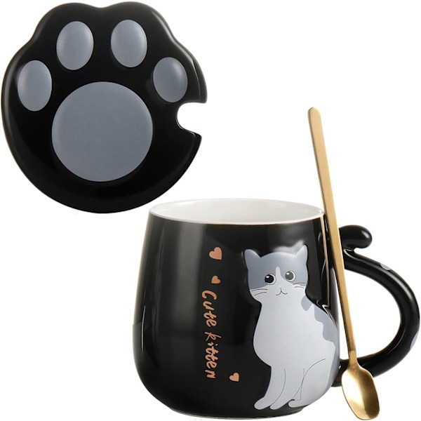 Krus Sød Keramisk Kaffekop med Dejligt Kattepote-låg Rustfri Stål Ske, Specielt Tekop Sæt 450ml/16oz (Sort)