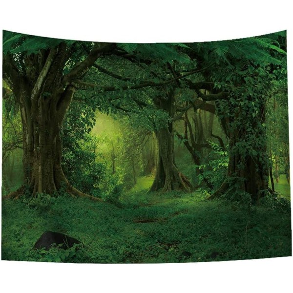 Green Misty Forest Tapestry Vægophæng, Naturlandskab Gobelin Sunshine Through Tree Tapetries color-1 73*95CM