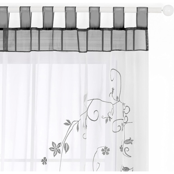 Blommiga genomskinliga gardiner Voile Broderi med flikar Fönsterpaneler för sovrum Vardagsrumsdekoration 2 paneler, Grå, L140cm x H225cm