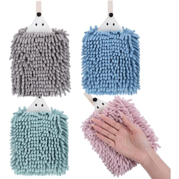 4 stykker pindsvin mikrofiber behårede håndklæder til badeværelse, absorberende små Chenille hængende håndklæder med løkke