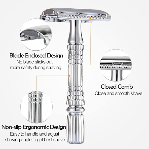 Double Edge Safety Razor Rustfri Genanvendelig Manuel Rustfri DE Vådbarbering til Mænd Kvinder med Spejl Rejseetui sølv