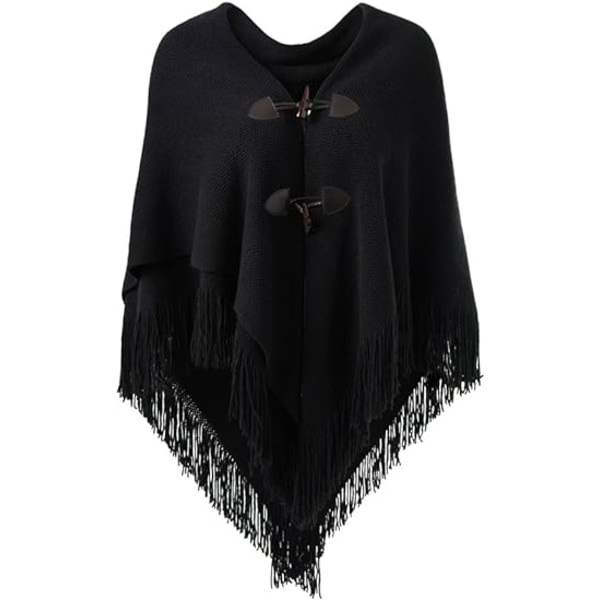 Löstsittande Poncho Cape-sjal för kvinnor med snygga hornknappar, V-ringning och V-fåll (svart)