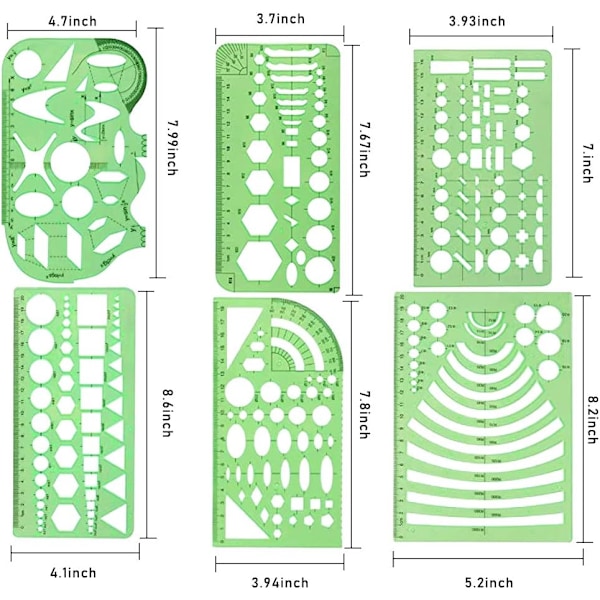 6 stk. Geometriske Tegnemaler Ellipsemal Geometriske Sjablonger Plast Målemaler Multifunksjonell Geometrisk Linjal