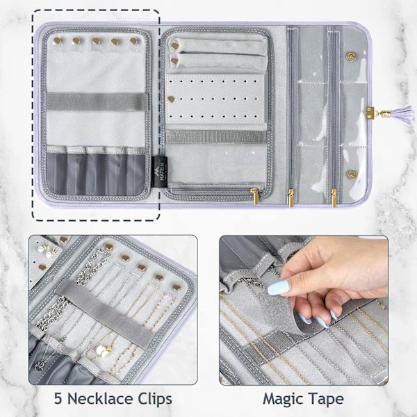 Smykke Rejse Organizer til Kvinder, Tangle Free Bærbar Læder Smykke Opbevaringsrulle Taske, til Halskæder, Ringe, Øreringe, Armbånd