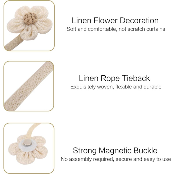 Magnetisk gardinrep, 2 stycken solros stickade upphängningskrokar beige