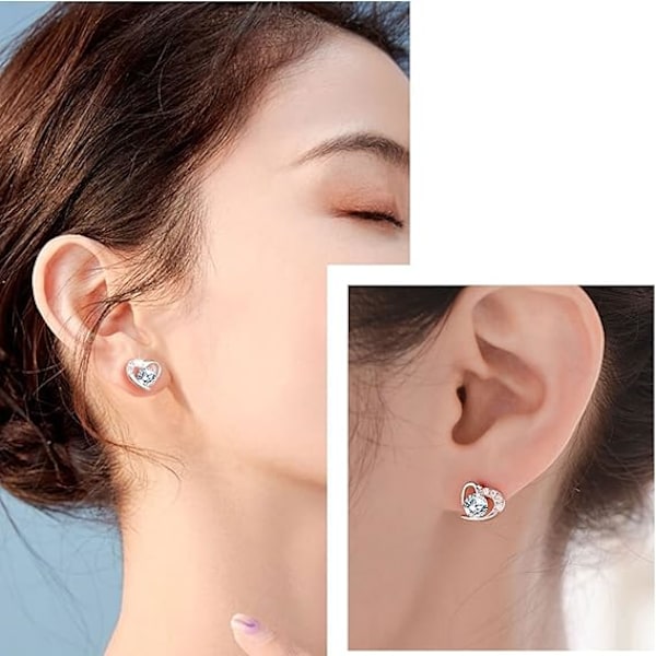Silver Örhängen med Hjärta för Kvinnor, Örhängen Vitguld Kubisk Zirkonia Hjärta Studs│Snygga Örhängen Smycken Presenter till Flickor