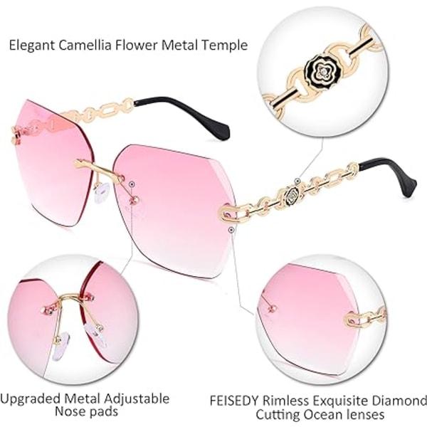 Klassiset reunattomat aurinkolasit Naisten metallirunkoiset Diamond Cutting Lens -aurinkolasit naisille pink
