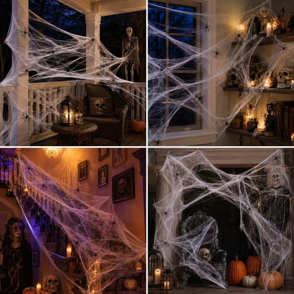 100g Strækbart Hvidt Spindelvæv med 40 Sorte Edderkopper, til Havedekorationer, Fester, Spøgelseshuse, Halloween