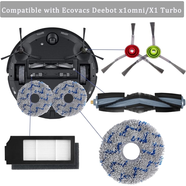 Tilbehør til Ecovacs Deebot X1 Omni/X1 e Omni/X1 Turbo støvsuger, 1 hovedbørste, 4 sidebørster, 4 mopper, 2 filtre, 4 poser, 2 rengøringsbørster