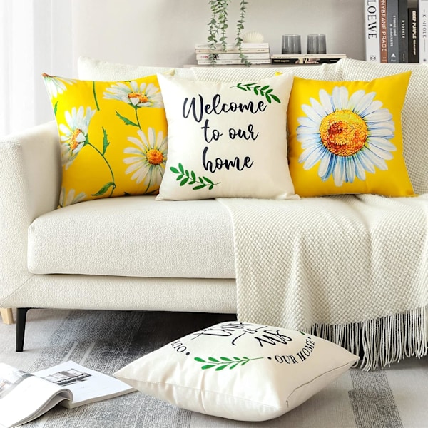 Set med 4 blommiga prydnadskuddfodral 45x45 cm sommar dekorativa fyrkantiga kuddöverdrag soffa färgglada blommor kuddvar