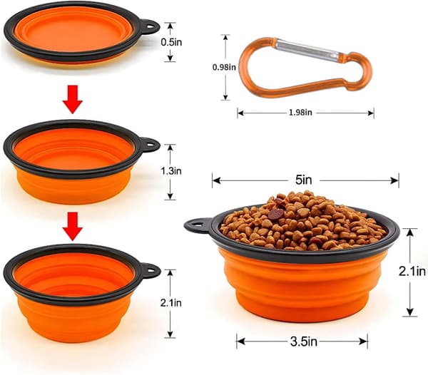 2 STK 350ML Orange Sammenklappelig Hundeskål Sæt, Bærbare Kæledyrsfoder Vandskåle med Karabinhage til Små Hunde Katte Rejser Gåture Udendørs