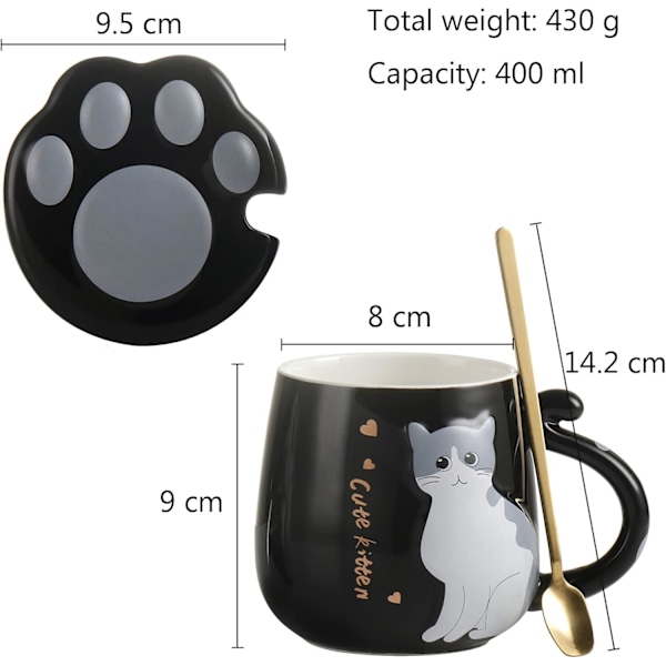 Krus Sød Keramisk Kaffekop med Dejligt Kattepote-låg Rustfri Stål Ske, Specielt Tekop Sæt 450ml/16oz (Sort)