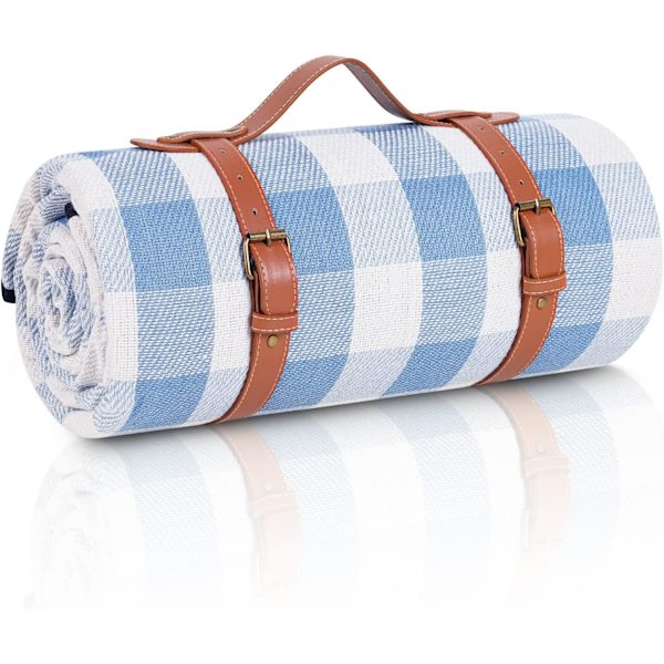 Picknickfilt Extra Stor, Vattentät och Vikbar Strandfilt, för Camping, Park, Strand, Gräs, Inomhus White & Blue Grids