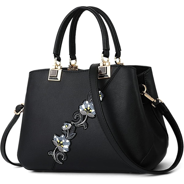 Dametasker Blomstermønster Crossbody Tasker Pom Pom Dekoration Håndtasker Tote Tasker til Damer Skuldertaske PU Læder negro