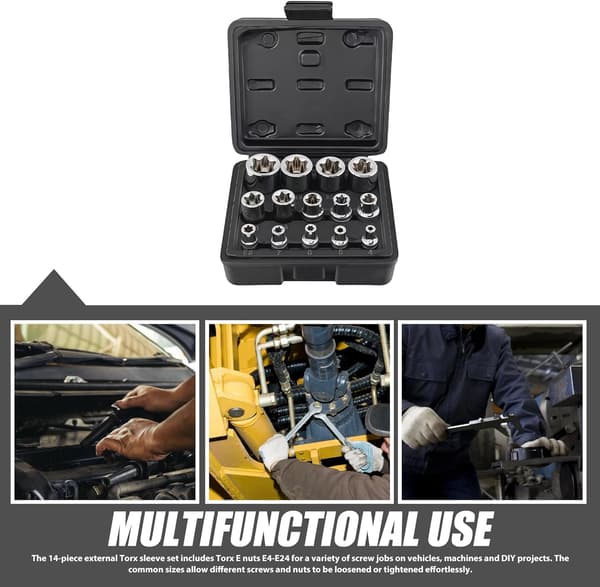 14-delars Torx E-hylsnyckelsats, 1/2\", 1/4\", 3/8\", Extern, E4-E24 Torx E-hylsor i CR-V, Skruvutdragare och mer.