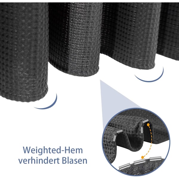 Waffle-kuvioinen suihkuverho, suihkuverhon renkaat ja kylpyammeen verhosetti Black 1*1.8m