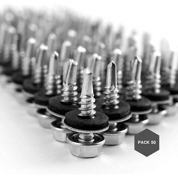 METALL SELVBOREENDE SKRUE M5,PAKKE 50,5.5 x 20mm,Selvborende stålpladeskruer med sekskantet hode med tetning,Selvborende skrue for metall
