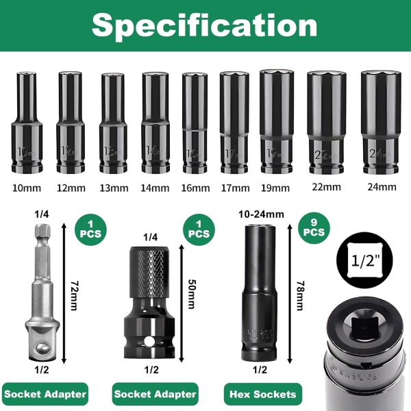 11 Pieces Impact Socket 1/2, 10-24mm Long Socket Set, Sockets and Sets, Impact Wrench Socket and 2 Socket Adapters for Car Repair