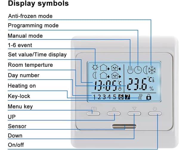 Programmerbar romtermostat, digitalt display AC230V maks 3A, fungerer for strålevarme WG806 hvit