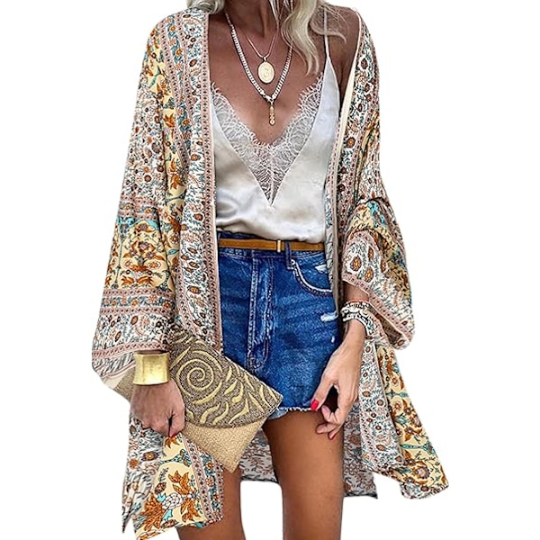 Naisten Kimono-neuletakki Boheemi Kukkakuvioinen Rantapeite 3/4 Hiha Sifonki Bikini Sarong Huivi Topit Style 6 3XL