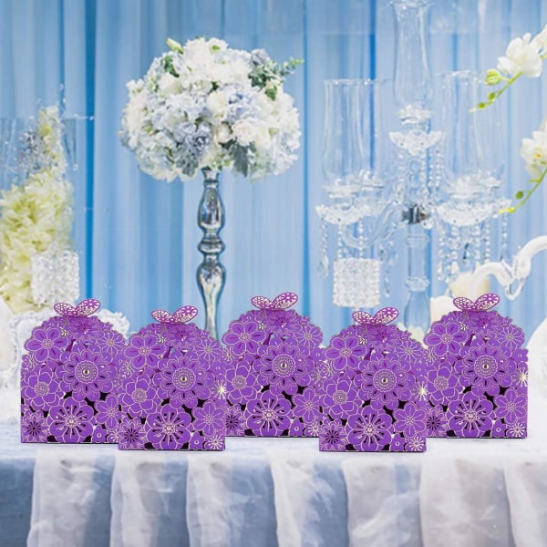 50 stk/sett Blomst Sommerfugl Hule Godteriboks Kjeks Gaveesker Romantisk Bryllup Favoritter Søt Sjokoladeboks Festforsyninger Purple 8*7*6.5CM