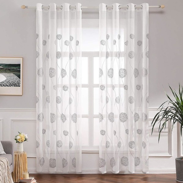 Gardiner Gennemsigtig Voile Blomsterbroderi Øjet Gardiner Transparent Gardin 2 Stk Øjet Gardin Gardinpar Vinduesgardin Til Stue Soveværelse Gray 140*215cm