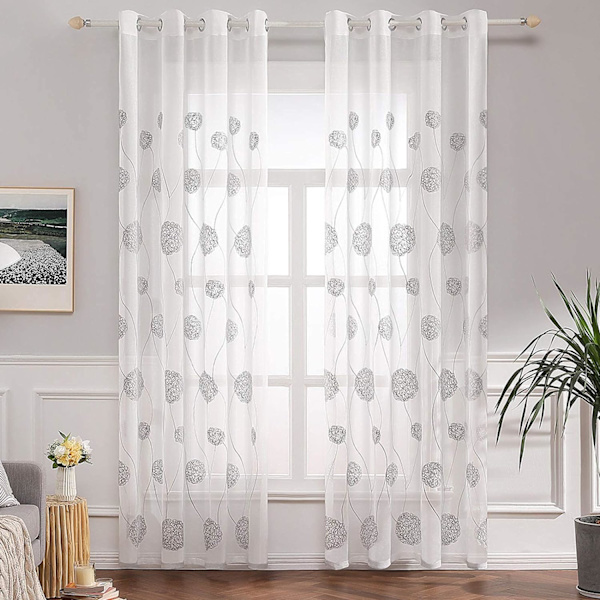 Gardiner Gennemsigtig Voile Blomsterbroderi Øjet Gardiner Transparent Gardin 2 Stk Øjet Gardin Gardinpar Vinduesgardin Til Stue Soveværelse Gray 140*260cm