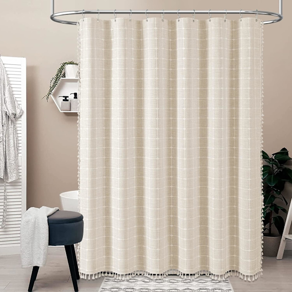 Boho Farmhouse Duschdraperi, Linne Rustik Tjockt Tyg Duschdraperi Set med Frans, Vattenavvisande, för Badrum