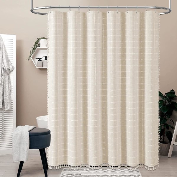 Boho Farmhouse Shower Curtain, Linen Rustic Heavy Duty Fabric Shower Curtain Set with Tassel, Water Repellent,for Bathroom