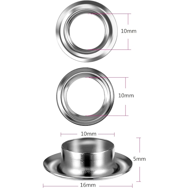 Grommet-sarja työkalut 10mm metalliset reikärenkaat 100 sarjaa Grommet-sarja Reikärenkaat Sarja kangas pressulle teltan korjaukseen hopea (2/5 tuumaa)