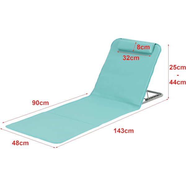 Set med 1 solstolmadrass för stranden med lutande ryggstöd, solid struktur, set med vadderade mattor med nackstöd, bärväska, stål, polyester, turkos
