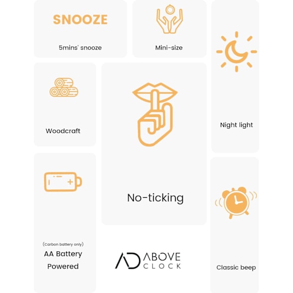 aboveClock Väckarklocka Sängbord, Tickfri Sängklocka med Snooze och Nattlampa Funktion, Analog Klocka Batteridriven