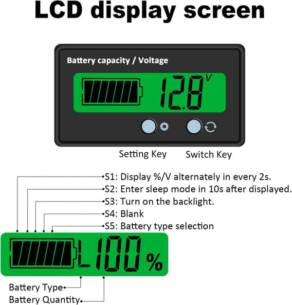 DC-batterimätare, digital batterispänningskapacitetsprocentmonitor testare DC-batteriläsare 8-63V
