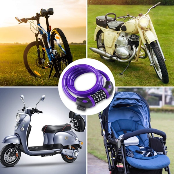 Pyörän lukko 5-numeroisella koodilla, 1,2 m / 4 jalkaa polkupyörän lukon yhdistelmäkaapelilukko Purple