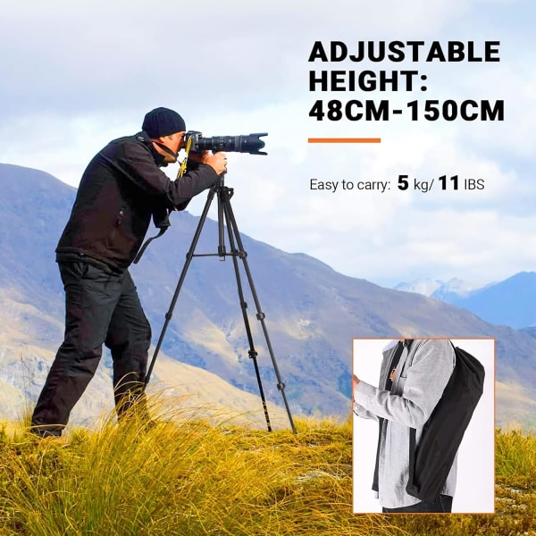 60" lätt aluminiumstativ för resor/kamera/smartphone med bärväska, maxvikt 3 kg