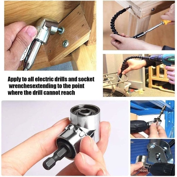 Vinkelskrutrekker, 3 stk Magnetiske Hex Skaft Skrutrekkerbiter + 1 Rett Vinkel Borbitt + 1 Fleksibel Vinkelforlengelse Borchuck + 3 Skrutrekkerbiter