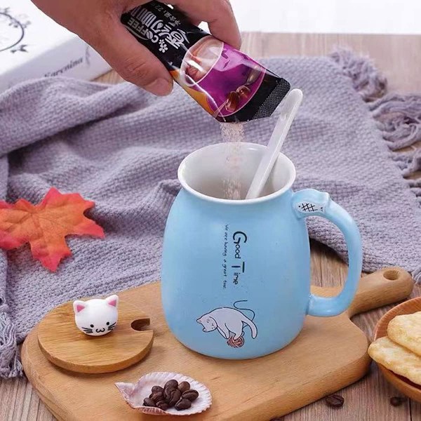 Keramisk Krus, Søtt Kattekrus for Kaffe, Kawaii Kattekopp med Lokk og Rustfritt Stål Skje, Kaffe- og Melkekrus, Blå, 420ML/14OZ