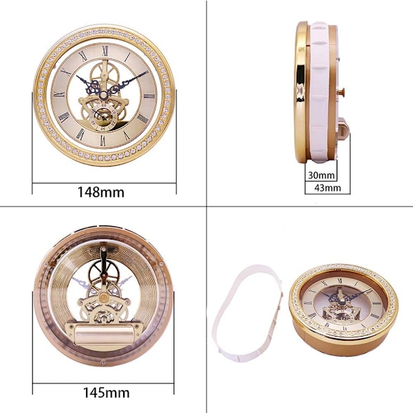 Gennemsigtige Skelet Ur Indsatser Forsænket Quartz Urværk Bordur Europæisk Stil Ur DIY (Diameter 148mm, Guld)