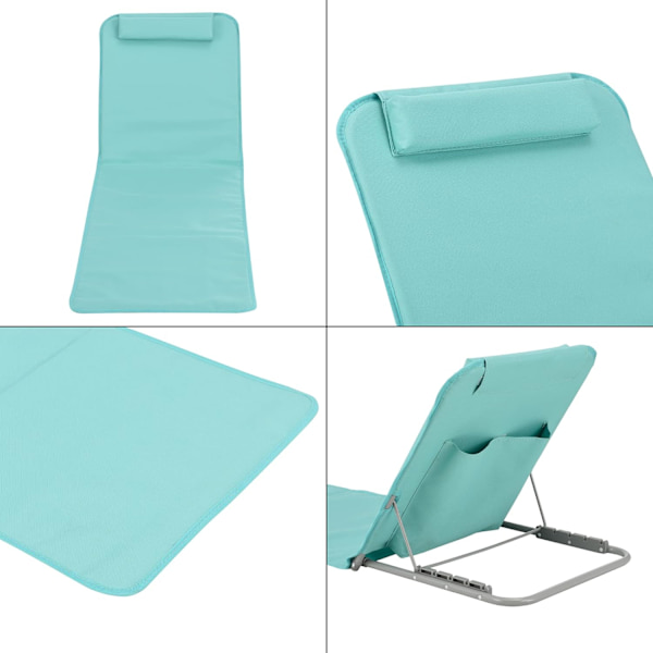Set med 1 solstolmadrass för stranden med lutande ryggstöd, solid struktur, set med vadderade mattor med nackstöd, bärväska, stål, polyester, turkos