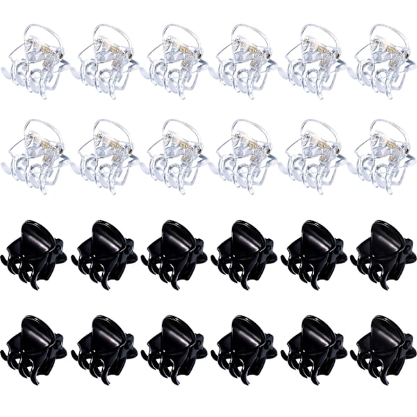 24 stk. Mini hårklemmer i plast, hårklemmer, klemmer for jenter og kvinner Black and Clear 0.6 inch