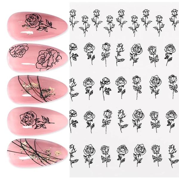 3D självhäftande svartvita rosnagelstickers fransk ihålig blomma nagelkonstdesign manikyr DIY nageldekoration (6 ark)