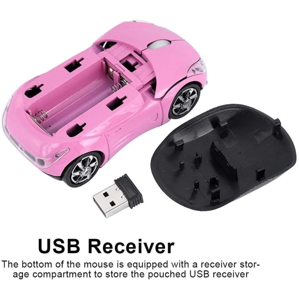 Trådlös mus för barn, 2,4G trådlös mus med USB mottagare, Trådlös bilmus optisk mus 1600DPI för bärbar dator Pink