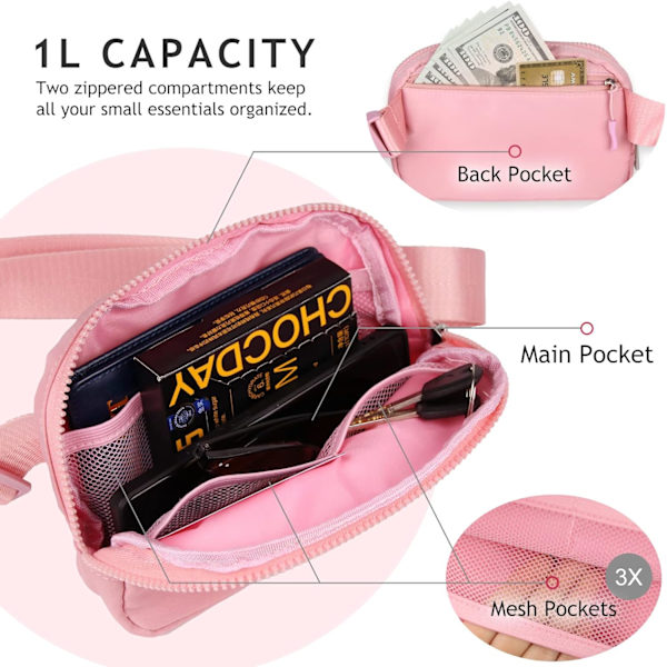 Crossbody Fanny Pack til kvinder og mænd, Everywhere bæltetaske med justerbar rem, til udendørs vandreture, løb, rejser og afslapning pink