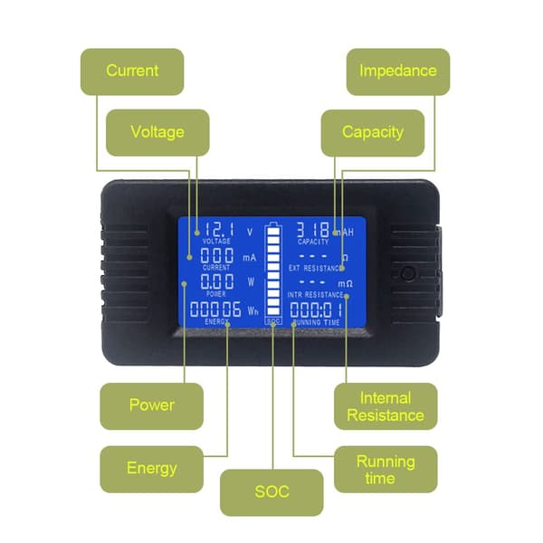 DC Batterimåler Voltmeter Amperemeter Energiovervåking LCD Digital Multimeter Spenning Strøm Kapasitet Ohm Time SOC LCD Meter DC 0-200V 100A Shunt